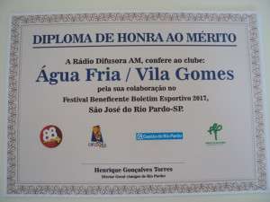 Na foto, o Diploma de Honra ao Mérito, que será entregue para todos os times participantes no jantar